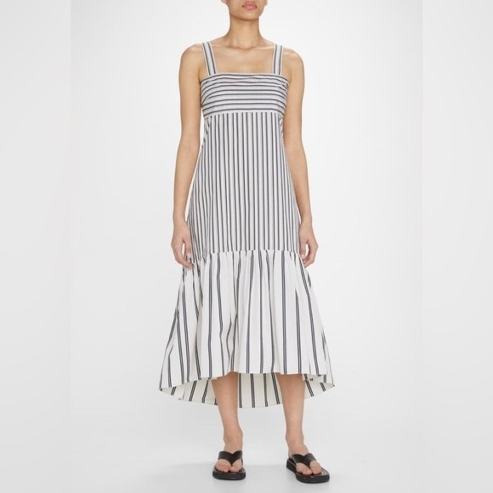 Theory Tie Back Poplin Midi Dress Medium Asymmetric Hem Striped Black‎ Light Tan